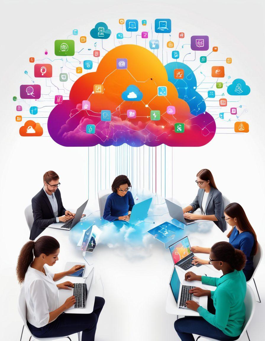 A diverse group of people engaging with a variety of digital devices like laptops, tablets, and smartphones, all connected to a vibrant, cloud-like network, displaying icons and interfaces of popular virtual learning platforms surrounded by a dynamic flow of information. futuristic. vibrant colors. 3D. white background.