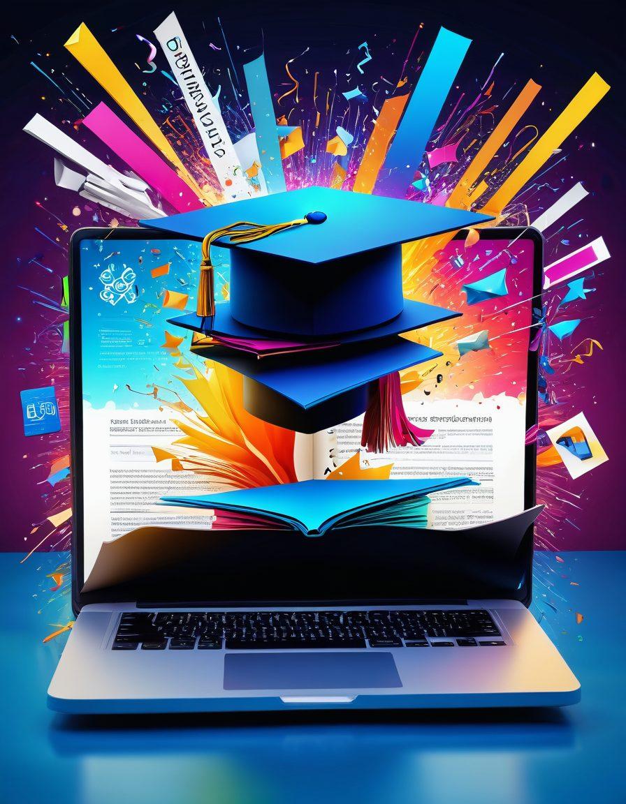 An open book transforming into a computer screen with vibrant digital content pouring out; the background showcasing various online learning symbols like graduation caps, certificates, and coding symbols in a burst of colors. The scene should convey excitement and boundless potential. 3D. dynamic and inspiring. vibrant colors.