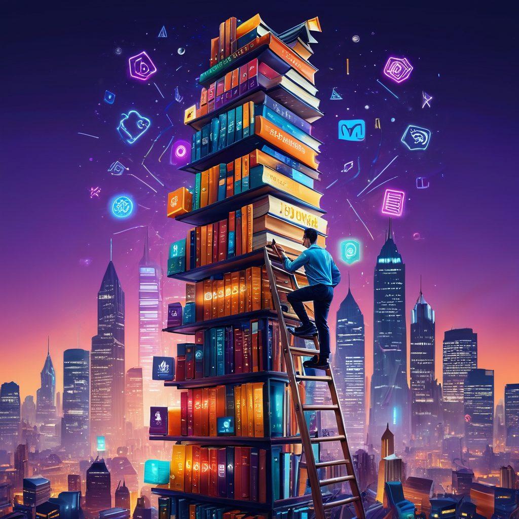 An individual confidently climbing a ladder metaphorically made of books, each book titled with different online certifications and MOOCs. Surround this with vibrant icons and symbols representing various fields like IT, business, and creativity. Include a glowing, futuristic cityscape in the background, symbolizing career growth and future opportunities. digital painting. vibrant colors. high detail.